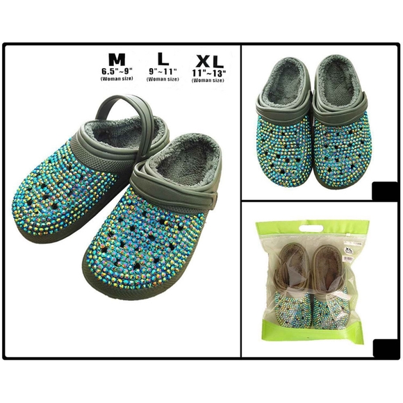 Green Bling Rhinestone Crystal Fur Slip On Croclike Slides Rubber Clogs Sandals - Picture 2 of 3